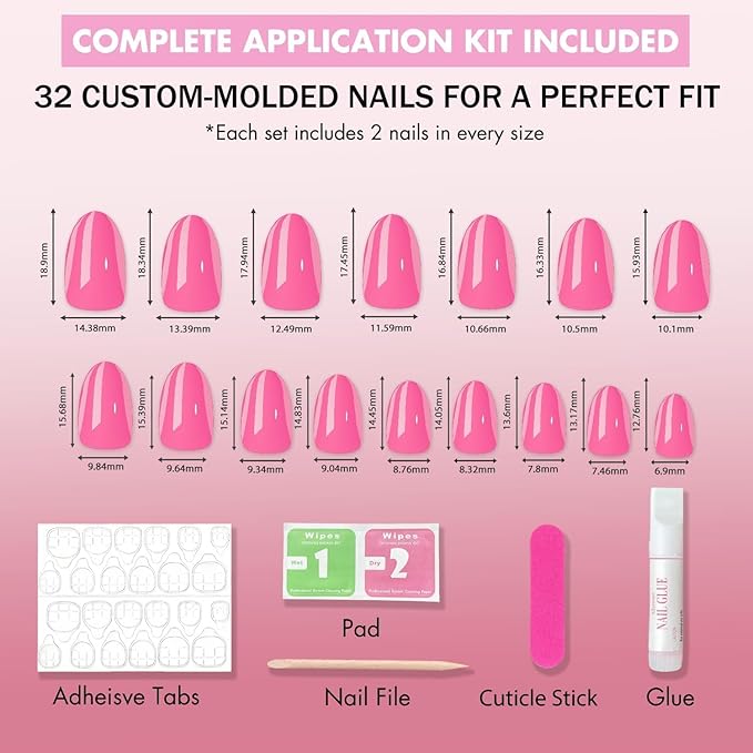 KQueenest Press On Nails Short - Bright Vibrant Blue Press On Nails Oval, 32 Pcs 16 Sizes Natural Short Fake Nails Press ons Almond, Reusable Glossy Navy Blue Glue on Nail with Glue for Everyday Wear
