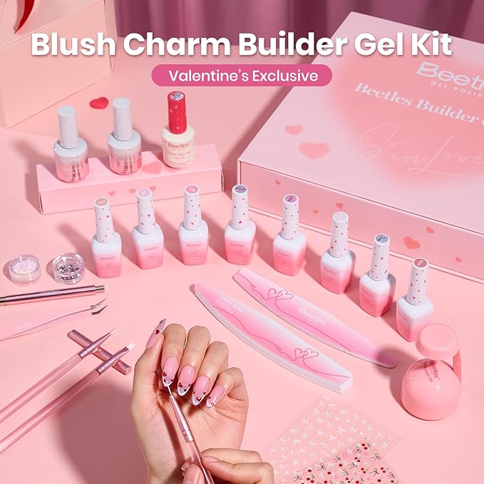 Beetles Builder Gel Nail Kit with MINI Nail Lamp-Blush Charm Valentine's Edition Nail Thickening Strengthening Building Apex for Beginner DIY Salon at Home with Base & Top Coat,Pink Builder Nail Gel
