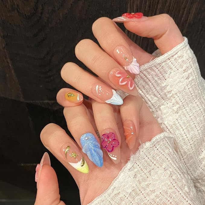 Handmade Press on Nails Flower Press on Nails Gradient French Fake Nails with 3D Starfiah Flower Acrylic Nails Designs Medium Almond Stick on Full Cover False for Women (Size M)