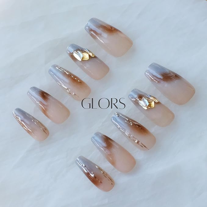 Ombre Press On Nails, Long Ballerina Style, Nude to Gray with Gold Accent, Handmade False Nail 10 Pieces (Medium,LB)