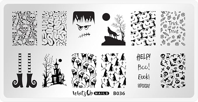 Whats Up Nails - B036 Eeks and Screams Stamping Plate for Halloween Nail Art Design
