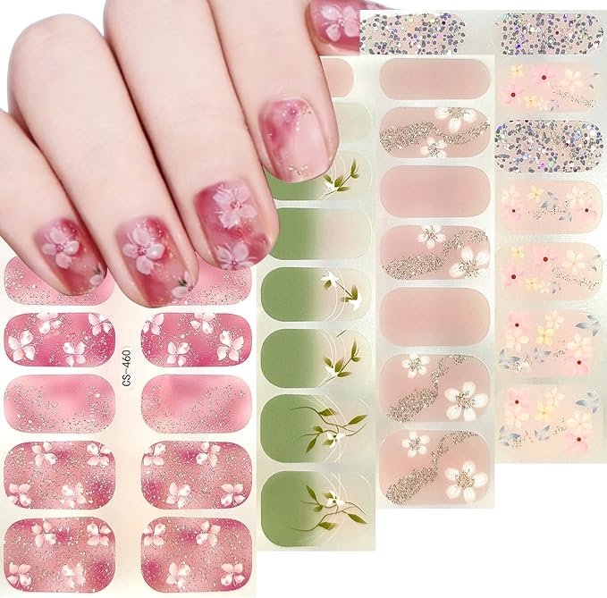 Spring Gel Nail Stickers 4 Sheets Flowers Nail Polish Strips Summer Cute Cherry Blossom Floral Design Nail Art Supply Self-Adhesive Long Lasting Nail Polish Wraps Full Wrap Nail Strips for Women