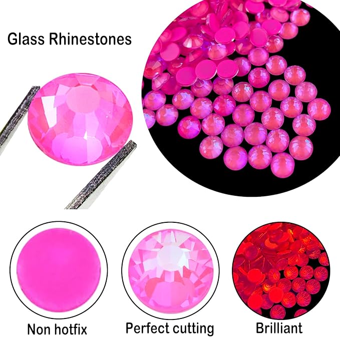 Flatback Glass Rhinestones,Bedazzler Gems 1440pcs Non Hotfix Crystal Rhinestones for Nail Charms Crafts Clothes Tumblers,Hot Pink AB Neon,SS16