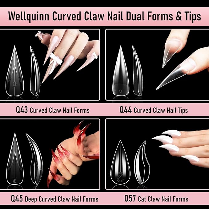 Deep Curved Stiletto Nail Dual Forms for Poly Gel Extension, 3D Eagle Claw Nail Mold, Long Cat Claw XXL Hawk Curve Sculptural Reusable Full Cover Nail Form 140 Pcs 14 Sizes Q45