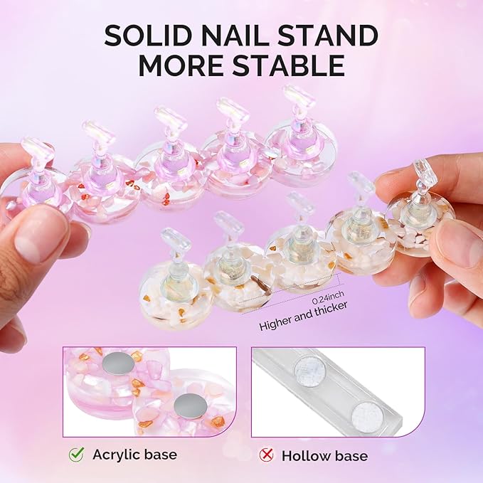 MelodySusie Nail Stand for Press Ons, Round Shell Shape Magnetic Base for Painting Display with Brush Holder and 100 Pcs Reusable Double-Sided Tape for Home DIY Salon Supplies, Purple and Beige