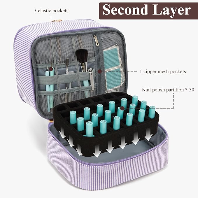 Nail Polish Organizer Aesthetic Nail Organizers and Storage, Bow Nail Supplies Kit Organizer Travel Carrying Case for Manicure Tools (Stripe Purple, 2 Layer)