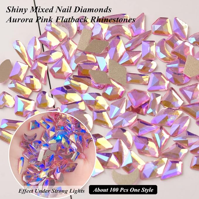 600 Pcs Flatback Rhinestones Set Aurora Crystals for Nails Gems for Crafts Mixed Shape Colored Nail Rhinestones Nail Stones 3D Nail Charms for Nail Designs (Colorful)