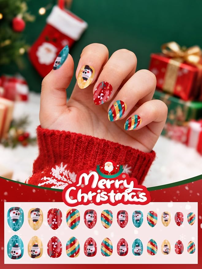 EBANKU Christmas Kid Press on Nails, 24Pcs Almond Fake Nails Kit Full Cover Christmas Design Stick on Nail with Nail Glue for Girl