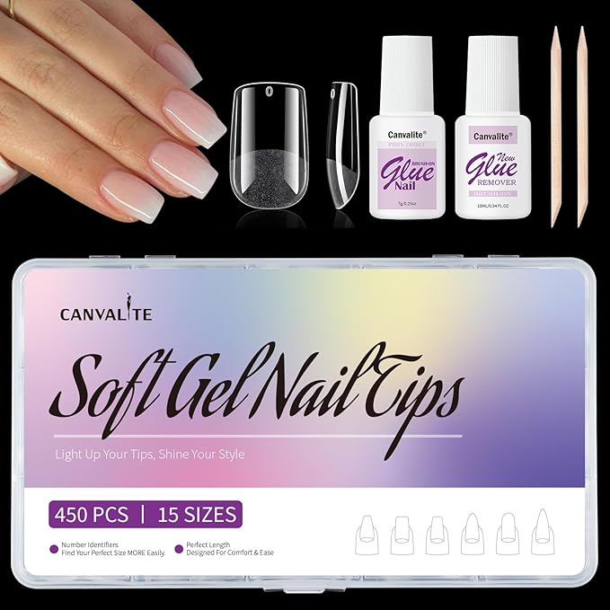Canvalite 450Pcs Square Short Press on Nails Kit with Nail Glue & Remover - Acrylic Gel Nail Tips for Extensions, 15 Sizes Full Cover False Nails, Half Matte & Glossy Finish, DIY at Home & Salon Use