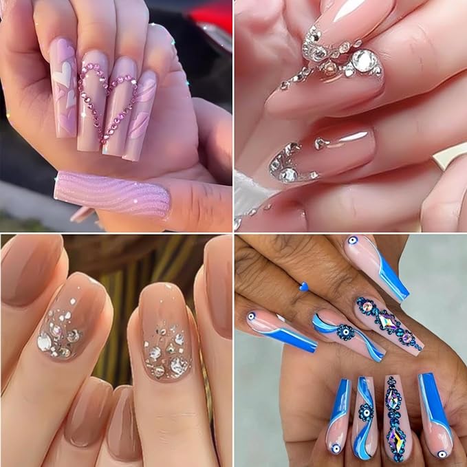 5 Boxes Shiny Colorful Nail Art Rhinestones Nail Stone Gems Design Kit 2-6mm Flatback Round Clear Solid Color Nail Gems with a Curved Tweezers and a Nail Brush (Solid Color kit)
