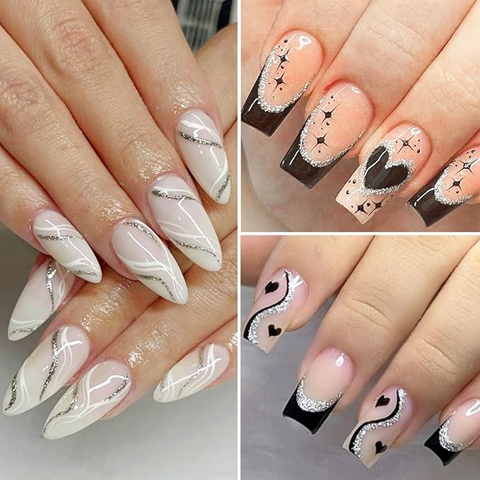 Gel Liner Art Set 2PCS Sparkle Glitter Silver Gold Gel Polish 8ml Soak Off UV Painting with Built in Thin Nail Brush Swirl Nails Design Dotting Drawing French Manicure Tip Tool