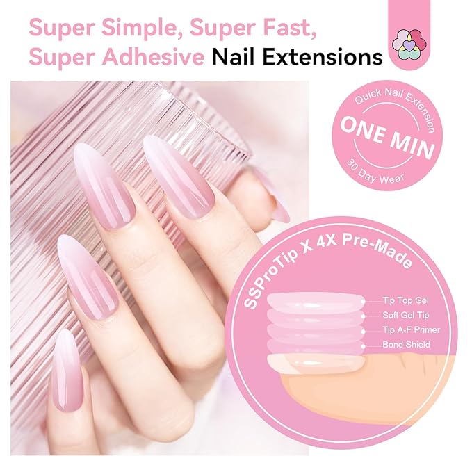 SAVILAND Gel Nail X Kit Almond: 4-In-1 Almond Press On Nail Tips with Glue White Pink Ombre Medium Almond 256 Pcs False Nail Tips Strong Glue On Nails Mini Nail Lamp Electric Nail Drill At Home