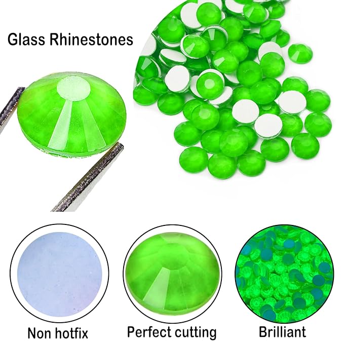 Flatback Glass Rhinestones,Bedazzler Gems Non Hotfix Crystal Rhinestones for Crafts Nail Charms Clothes Tumblers,Green Neon,Mixed Size,35g