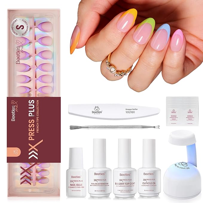Beetles X Press Summer Nails Kit: Short Almond French Tip Press On Nails Kit With 7 Colors 224Pcs Rainbow Nail Tips Nail Glue & Builder Top Coat Mini UV Light, All-in-One DIY Gift For Women 16 Sizes