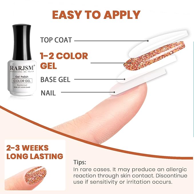 RARJSM Glitter Gel Nail Polish Rose Gold Sparkly Iridescent Rainbow Shimmer Clear Pink Holographic Nail Gelpolish Soak off L e d U V Curing Required 15ml High Pigments Gel for Home Manicure Nail Art