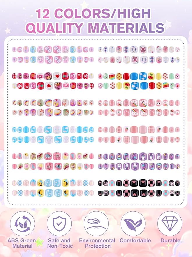 EBANKU 12 Pack Kid Fake Nail, 288 Pieces Kids Short Glossy Press on Nails Cute Patterns Mini Full Cover Fake Nails for Girls with Nail Glue and Nail Tab