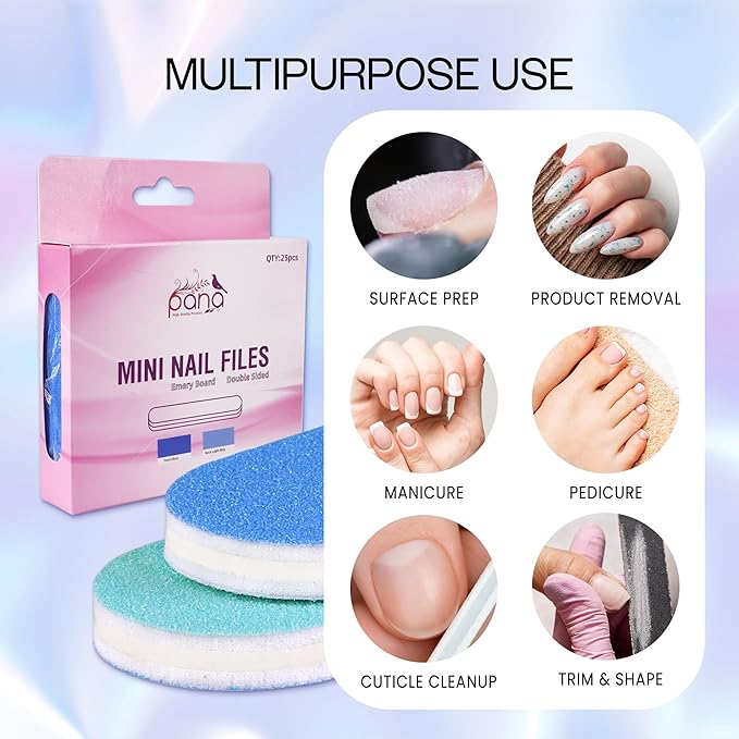 25pcs - PANA Mini Double-Sided Emery Nail File for Manicure, Pedicure, Natural, and Acrylic Nails - Blue/Light Blue (Grit 80/80)