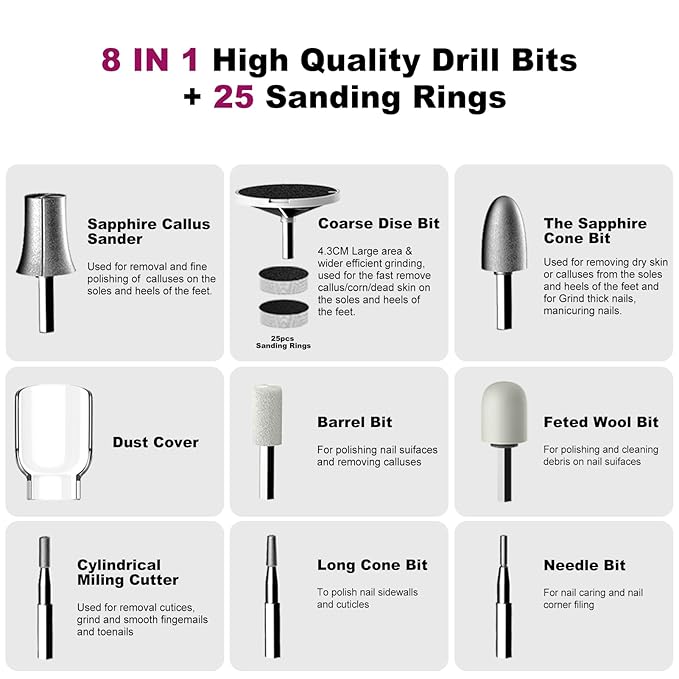 2-in-1 Professional Cordless Electric Nail Drill File&Callus Remover for Feet Hand Care-Wider Grinder for Dead Skin,Thick Nails,Acrylic Gel Nails,15 Speed,LED Display for Women Men Seniors Home Salon