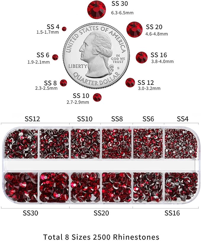 Beadsland Rhinestones for Makeup,8 sizes 2500pcs Dark Red Flatback Rhinestones Face Gems for Nails Crafts with Tweezers and Wax Pencil,Dark Siam,SS4-SS30