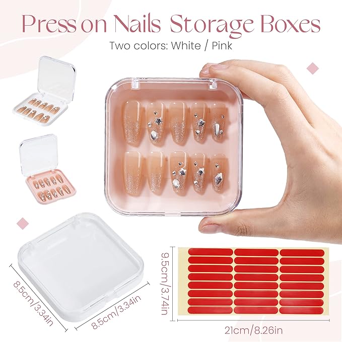 ISKYBOB 12 Packs Press On Nails Storage Boxes, Fake Nails Packing Cases With Tape White Display Box for Home DIY, Salon (3.3 x 3.3in)