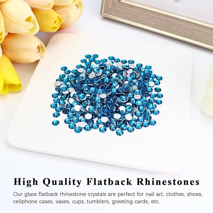 1440PCS SS6 Crystal Glass Flatback Rhinestones, Round Flat Back Crystal Gems for Nail Art and Craft Clothes, Glue Fix Diamond Stones Blue Zircon/Peacock Blue (1.9-2.0mm)