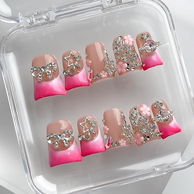 Luxury Press on Nails Short Duck Handmade 3D Unique Reusable ABS Material Fake Nails Pink French Tip False Nails with Designs Flower Bow Stars Rhinestones Glossy Glue on Nail Thick Acrylic Nail(M)