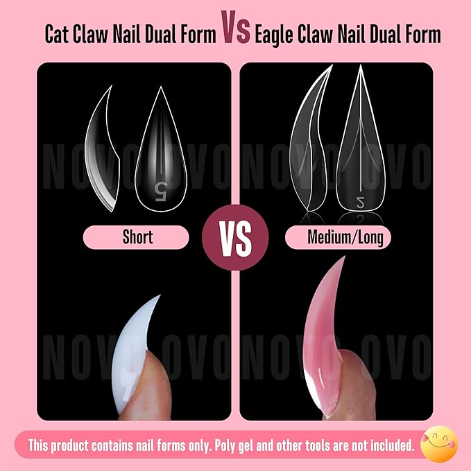 NOVO OVO Halloween Cat Claw Short Curved Stiletto Nail Dual Forms for Poly Gel Extension of 3D Eagle Hawk Curve Sculptural Acrylic Nails, Reusable Full Cover Molds Nail Art Design 280 Pcs 14 sizes