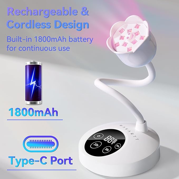 Makartt UV Nail Lamp: Mini UV Light for Gel Nails Polish Luminoza 30mW/cm² Rechargeable LED Nail Light Nail Dryer with 4 Timers & Auto Sensor, Fast Curing Goosenecks Lamp for Home DIY Manicure