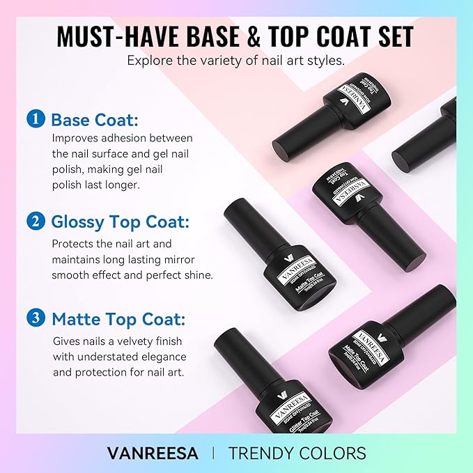 VANREESA 24 Pcs Gel Nail Polish Set, 21 Colors Gel Polish with Base Coat Glossy & Matte Top Coat Nude Pink Red Orange Green Blue Purple Gel Polish Kit Nail Kit Gifts for Women