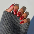 Valentines Day Glamnetic Press On Nails - Sent With Love | Short Almond Fake Nails in Bright Red with Cat-Eye Magnetic Heart Designs in a Velvet Finish | 15 Sizes - 30 Nail Kit with Glue