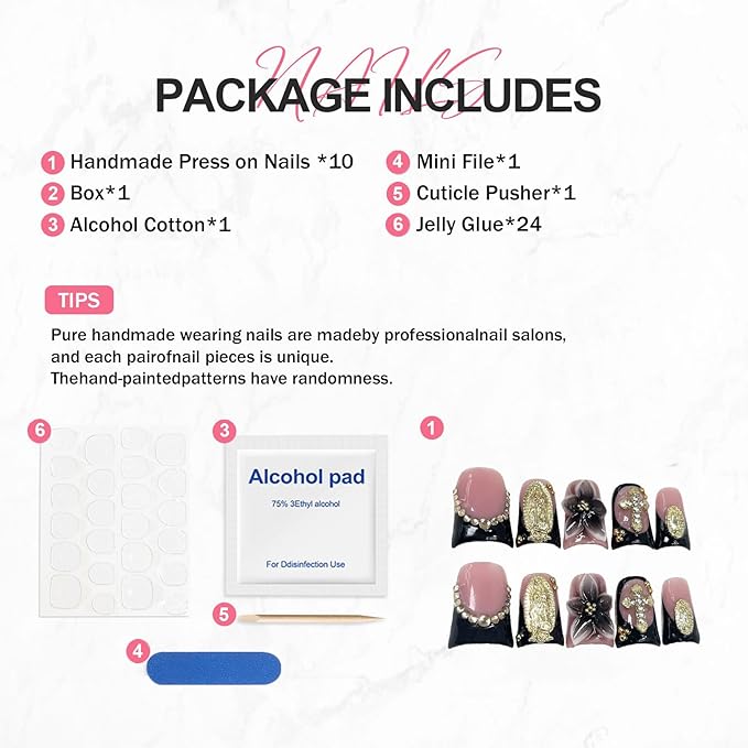 Duck Handmade Press on Nails Muti-Layer Gel False Nail Gradient Flower Fake Nails with 3D Rhinestone Design Luxury Artificial Acrylic Nails Full Cover Short Stick on Nail for Women (Size S)
