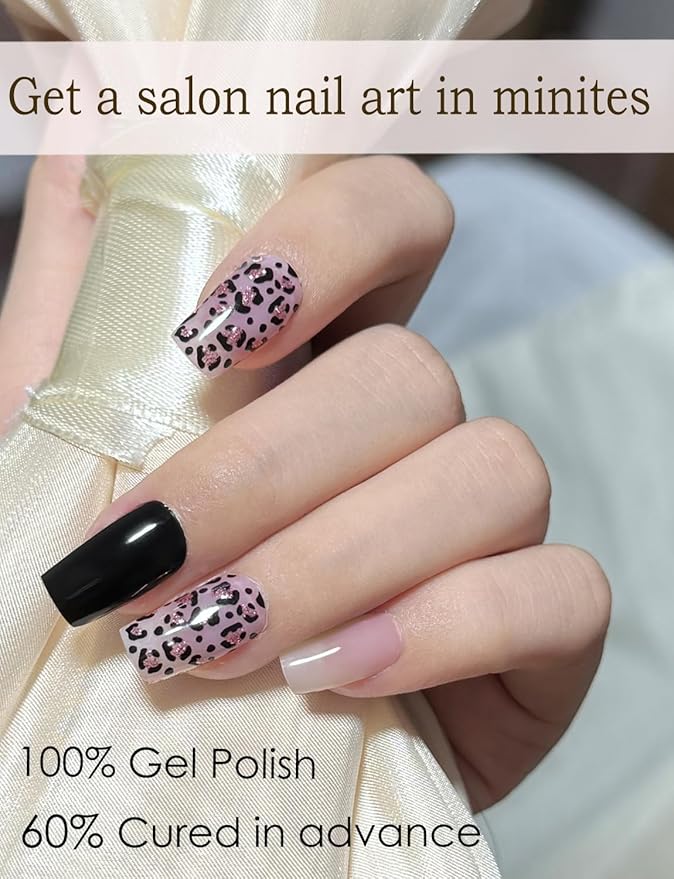 Semi Cured Gel Nail Strips, Leopard Glitter 20pcs Adhesive UV Sticker, Wraps for Home Manicure DIY
