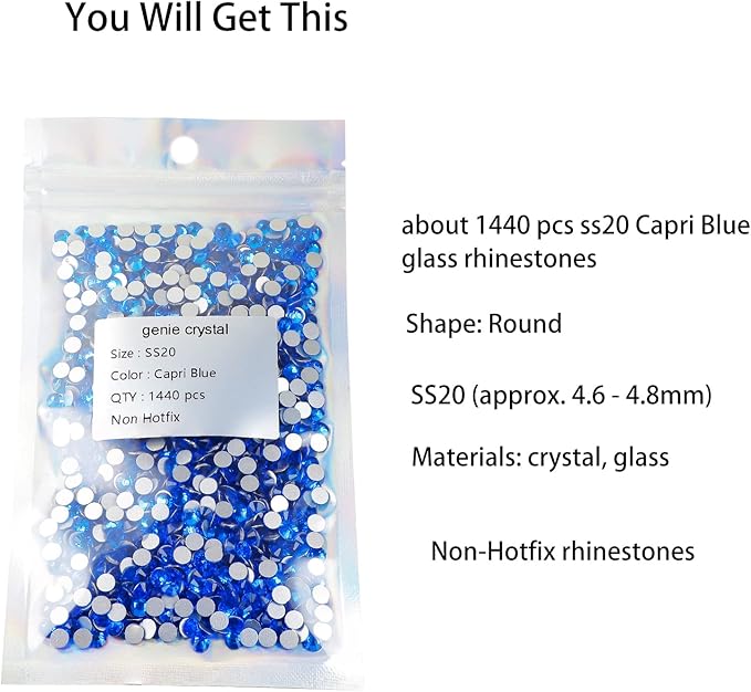 ss20 Capri Blue Flatback Rhinestones 1440 Pcs Pack, 5mm Glass Non Hotfix Rhinestone for Bling Tumbler, Shoes, DIY Crafts, Glitter Decoration