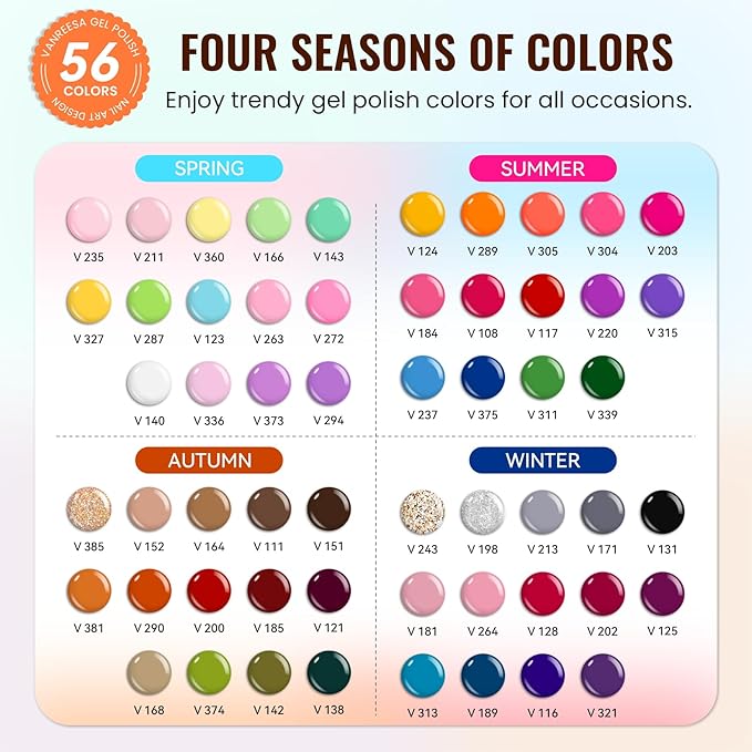VANREESA Gel Nail Polish Kit with U V Light 74 Pcs Gel Polish Nail Set 56 All Seasons Colors Nail Polish Set + Base and 4 Effects Top Coat with Manicure Tools Complete Nail Kit Gifts for Women