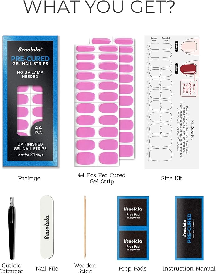 Real Gel Nail Strips (No UV Light Needed) - 44Pcs Salon Quality Nail Stickers - Long Lasting Polish Wraps for Women, Easy Apply & Remove (Mermaid Pink)