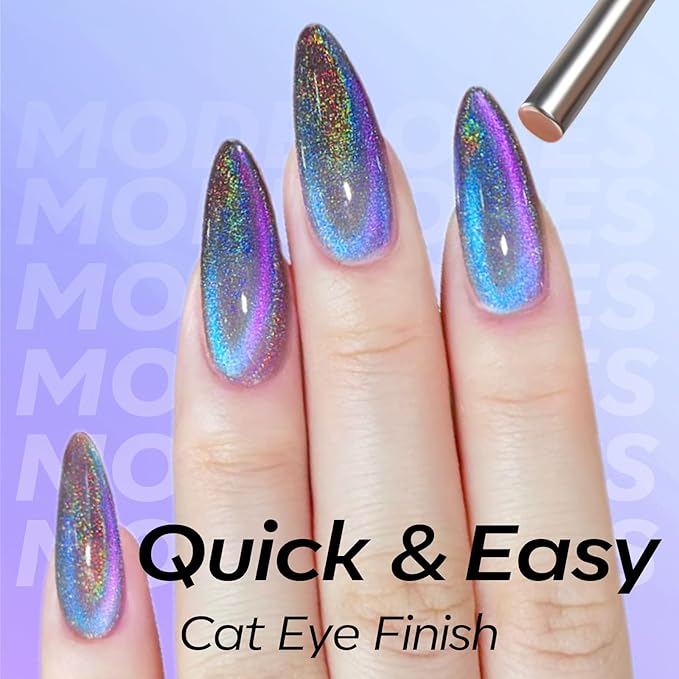 modelones 9D Magnetic Cat Eye Gel Nail Polish, Holographic Blue Purple Rainbow Shimmer, 15ML UV LED Soak Off Gel, valentine Nail Art, Manicure Design - Reflective Top Coat for Women & Girls