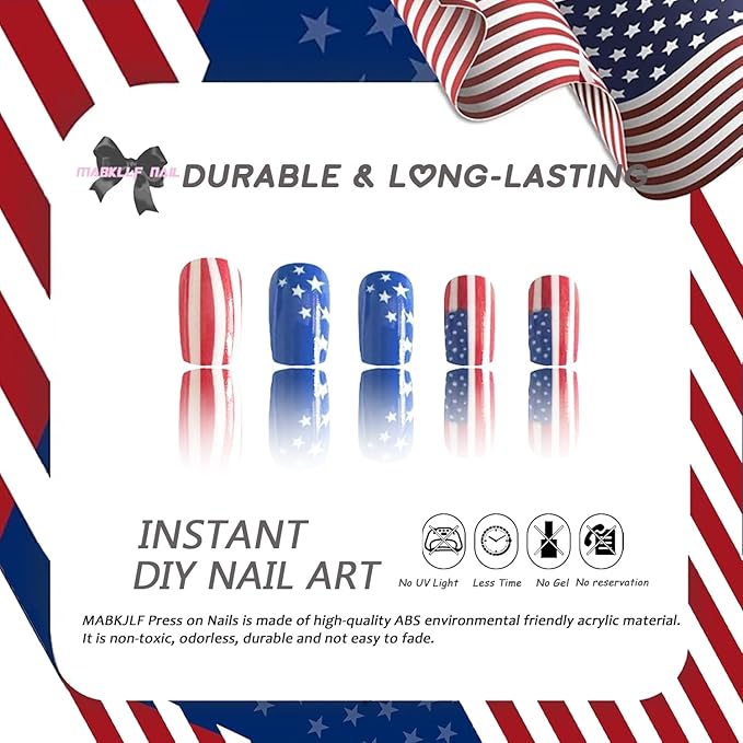 4th of July Press on Nails Medium Square Fake Nails Full Cover America Flag False Nails with Star Designs Glossy Glue on Nails Independence Day Acrylic Nails Artificial Nails for Women Girls 24Pcs