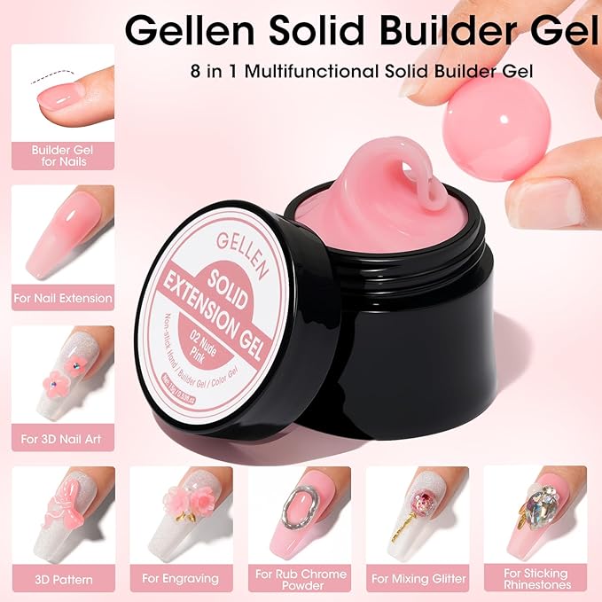 Gellen Light Pink Gel Builder for Nails Colored, Non-stick 3D Carving Gel for Nail Art, U V LED Nail Extension Art Buildergel