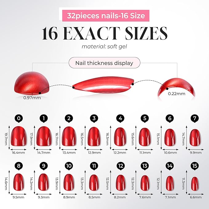UNA GELLA 32Pcs Soft Gel Press on Nails - 16 Sizes Red Cat Eye Oval Round Glue on Nails, Reusable Glitter Velvet False Nails, Full Cover Acrylic Nail Kit for Women DIY Home Manicure