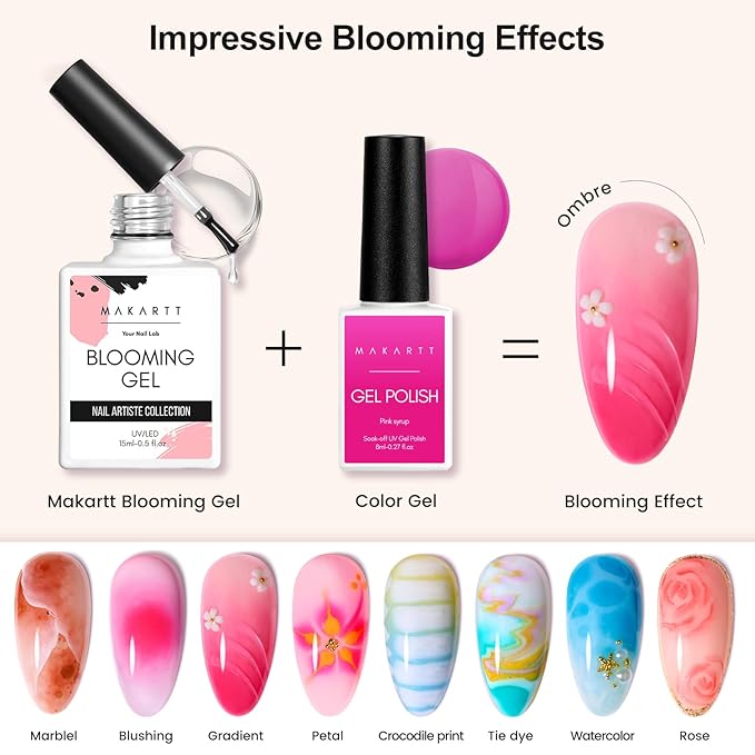 Makartt Blooming Gel: Clear UV LED Nail Art Polish and Nail Brush for Spreading Effect Marble Soak Off Nail Polish Gel Painting Nail Designs for DIY Color Floral Watercolor Manicure Gift for Women