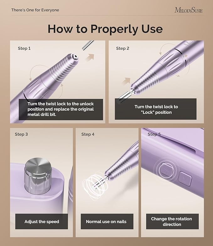 MelodySusie Entry-Level Clip-On Rechargeable Essential Nail Drill, SC300F 30000RPM E-File with LCD Display for All Manicure Shaping & Gel Removal,Ideal for Training,Nail Art Practice & Home Use,Purple