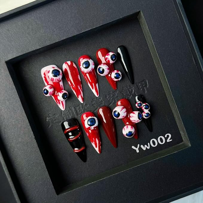 Halloween Handmade Nails Almond Long Stick on Nails Horror False Nails with 3D Bloody Eyes Designs Red Black Acrylic Nail Full Cover Thick and Muti-Layer Gel Fake Nail for Women (M)