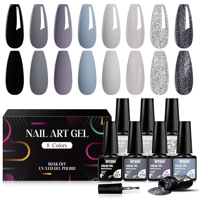 MTSSII Grey Gel Nail Polish Set 8 Colors, Gray Tone Dark Cloud Stone Seal Iron Fossil Shades Collection Black Glitter Sliver Nail Polish for Fall Winter Nail Art Kit Design Soak Off Manicure Gift