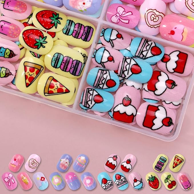 96Pcs 4 Packs Cute Short Press on Nails for Girls 4 Styles 12 Sizes Press on Nails for Kids Press ons with Dessert Bow Fruit Food Designs Full Cover Acrylic Nails for Little Girl Gift DIY Manicure