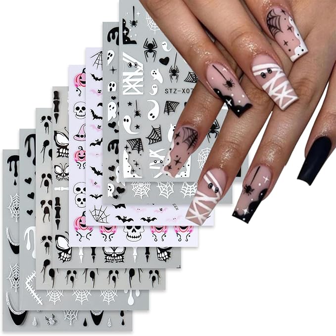 8 Sheets Halloween Nail Decals Black White Ghost Spider Web Nails Sticker Cute Pumpkin Skull Nail Art Decal Self-Adhesive Bat Blood Drop Nails Art Stickers for Women Halloween Decor