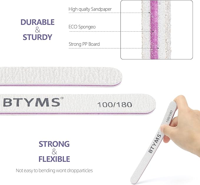 BTYMS 30Pcs 100/180 Grit Nail Files for Acrylic and Natural Nails，Double Sided Emery Board Nail Buffering Files