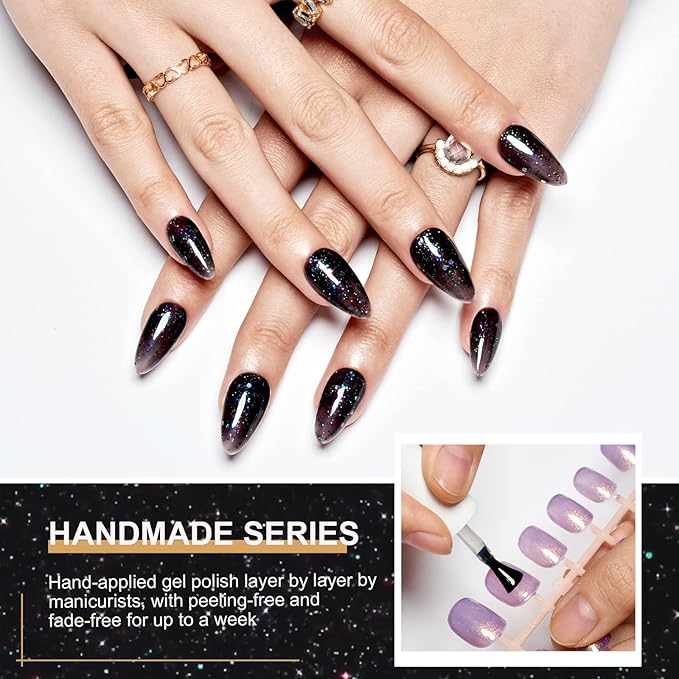 GLAMERMAID Glitter Black Press on Nails Medium Almond, Handmade Glossy Jelly Soft Gel Glue on Nails Stiletto, Galaxy Shrimmer Fake Nails Short Oval, Reusable Acrylic Stick on False Nails Kit for Women