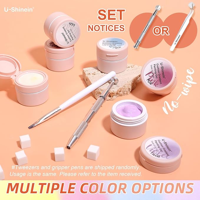 Cushion Gradient Painting Gel, Ombre Nails Aura Nails Full Coverage Precise Control of Each Dip 100pcs Spong & Tweezers Matte Effect Non-Wipe Long Lasting Soak Off UV LED(y)