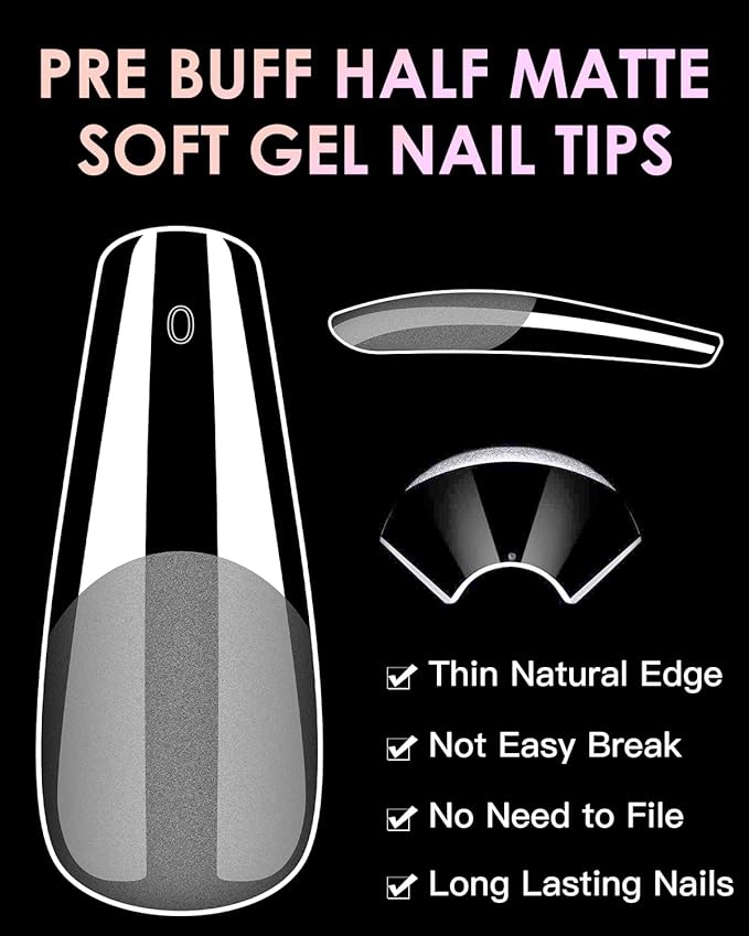 Soft Gel Nail Tips Long Coffin, 120PCS Pre Buff Full Cover Shaped Nail Extenison Tips Half Matte Gel X Nail Tips BORNBYME