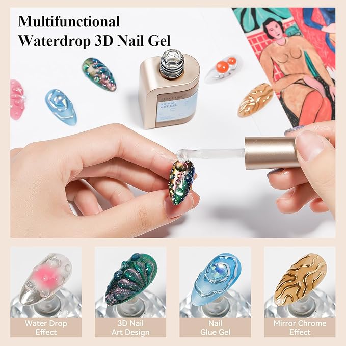 3D Nail Gel, Water Drop Gel Nail Polish Clear Sculpting Gel for Nail Art, Water Droplet Rain Drop Effect, for Design, Carving, Painting, Rhinestone Glue, Soak Off Manicure DIY Home 12ML
